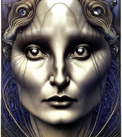 Image similar to detailed realistic beautiful young alien robot jessica lange as queen of mars face portrait by jean delville, gustave dore and marco mazzoni, art nouveau, symbolist, visionary, gothic, pre - raphaelite. horizontal symmetry by zdzisław beksinski, iris van herpen, raymond swanland and alphonse mucha. highly detailed, hyper - real, beautiful