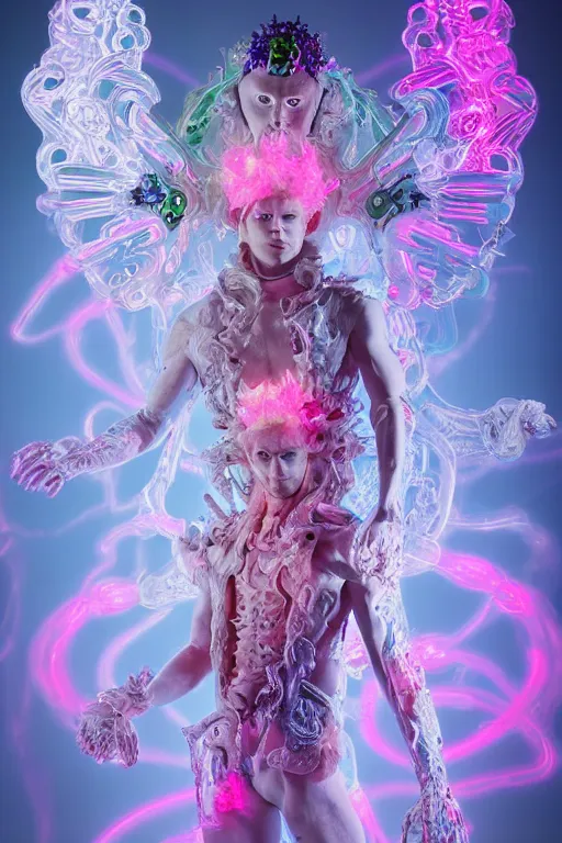 Prompt: full-body rococo and cyberpunk delicate neon crystalline sculpture of ((young muscular albino prince Sean Mendez)) as an iridescent humanoid deity wearing ((peach plastic hooded cloak)) (holding a human skull) in a white castle dungeon, reclining, glowing pink face, crown of (pink lasers), large blue diamonds, swirling black silk fabric. futuristic elements. oozing glowing liquid, full-length view. space robots. intricate artwork by caravaggio. Trending on artstation, octane render, cinematic lighting from the right, hyper realism, octane render, 8k, depth of field, 3D