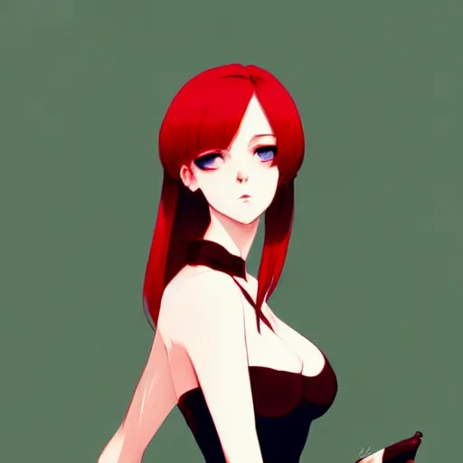 Prompt: elegent girl with red hair and green eyes, wearing a camisole, red and black color palette, in the style of and ilya kuvshinov and greg rutkowski, high quality anime artstyle, intricate