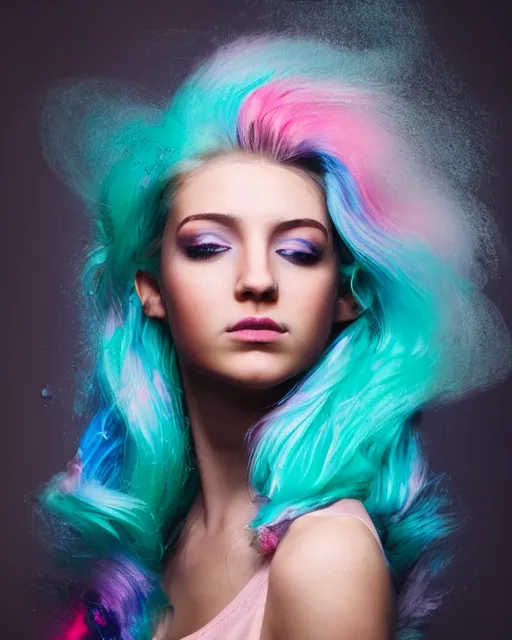 Image similar to a dramatic lighting photo of a beautiful young woman with cotton candy hair. paint splashes. with a little bit of cyan and pink