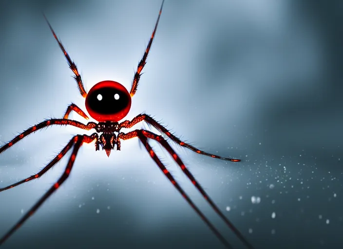 Prompt: white crystal clear spider with huge red eyes, in a foggy glowing forest. highly detailed 8 k. intricate. lifelike. soft light. fantasy horror style. cinematic post - processing, dof.