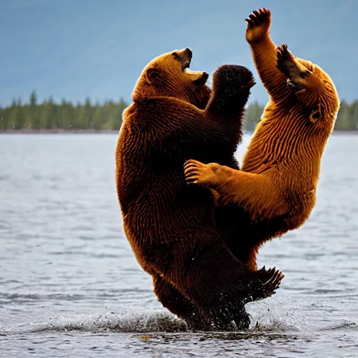 Image similar to kodiak bears kung - fu fighting on a lakefront using salmon as weapons, in the style of the flinstones,