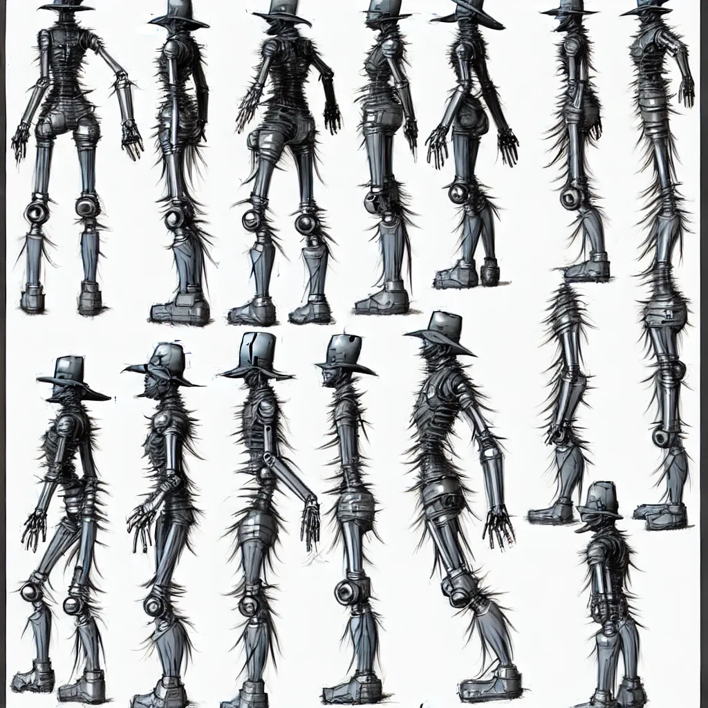 Prompt: pose reference sheet for salvaged robot pilgrim, art by moebius, reference