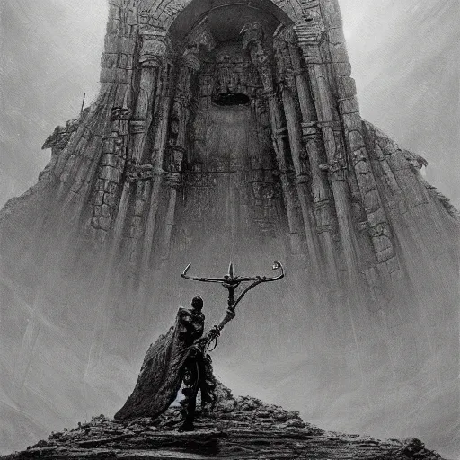 Prompt: a hyperdetailed painting of a dark executioner wielding a huge axe standing in the middle of an ancient ruined temple, by beksinski, wayne barlowe, adrian smith fantasy art, ruan jia, trending in artstation