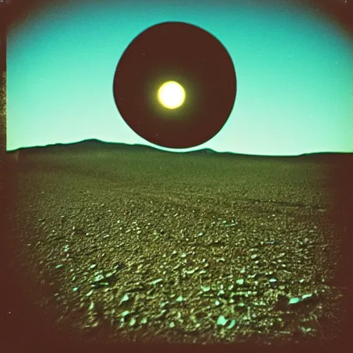 Image similar to a flying saucer hovering over the desert at night, distant!!, historical photo, old polaroid, expired film,