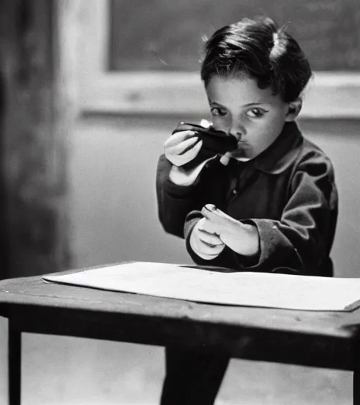 Prompt: photograph of a child at the blackboard , the teacher looks at him , 1950s , photograph by Erwin Olaf,-W 1024