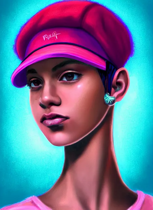 Image similar to portrait of teenage vanessa morgan with bright pink hair, black girl, curly pixie cut hair, wearing newsboy cap, pink short haircut, newsboy cap, hoop earrings, blue eyes, intricate, elegant, glowing lights, highly detailed, digital painting, artstation, concept art, smooth, sharp focus, illustration, art by wlop, mars ravelo and greg rutkowski