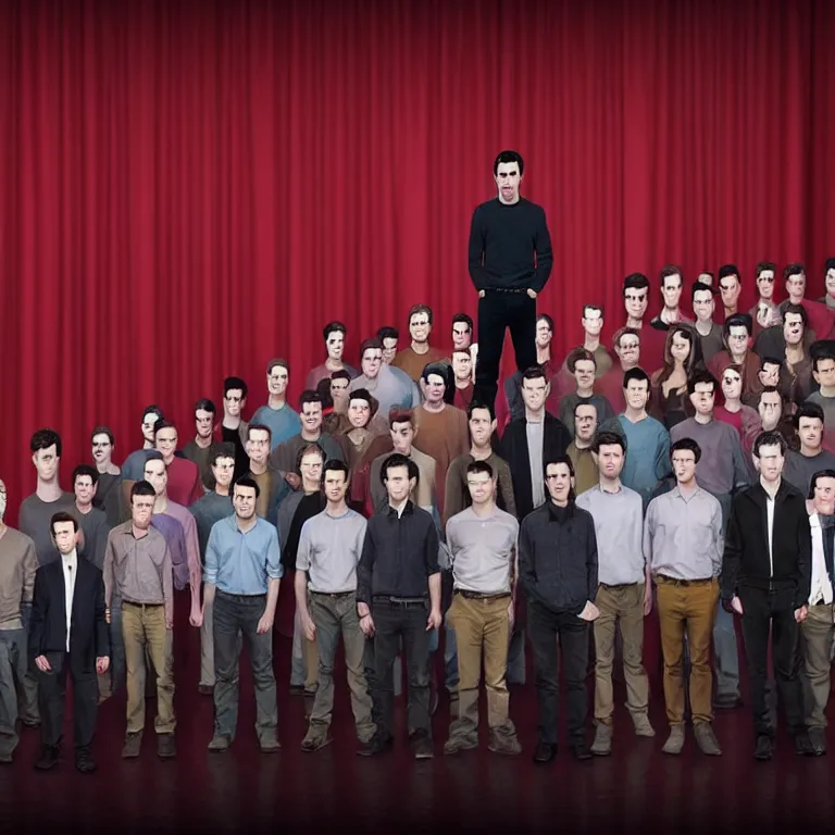 Prompt: focused dslr medium shot photograph of nathan fielder standing in front of dozens of nathan fielder clones on puppet strings from nathan for you on comedy central on a stage with a red curtain, meta, fractal, trippy, high detail!!! 8 k!!!!, photorealism!!!, sharp focus!!! coherent!!!