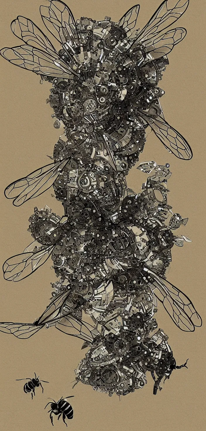 Image similar to metamorphosis of a mechanical Bee shedding it's organic outer layer, digital art