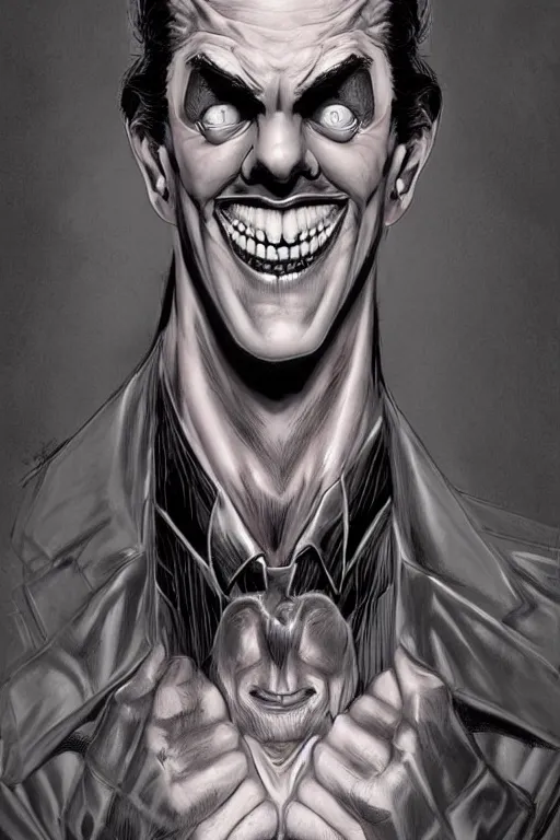 Image similar to aesthetic digital portrait of a handsome young man with a sinister grin by brian bolland, rachel birkett, alex ross, and neal adams | dark, intimidating, imposing, portrait, character concept, concept art, unreal engine, finalrender, centered, deviantart, artgerm