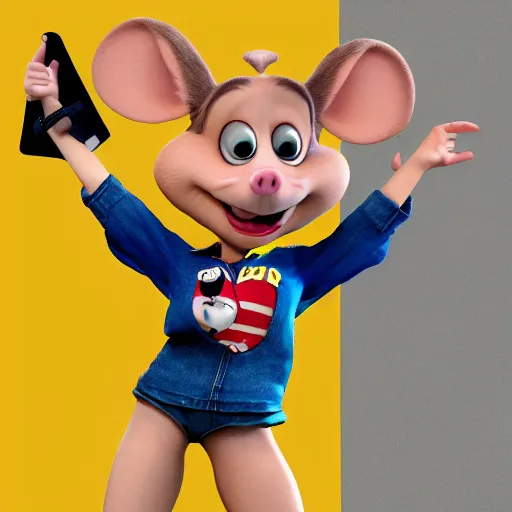 Image similar to 3 d render, portrait, headshot, closeup, anthropomorphic mouse, female, wearing denim short shorts and a off yellow tank top shirt, in the style of flushed away