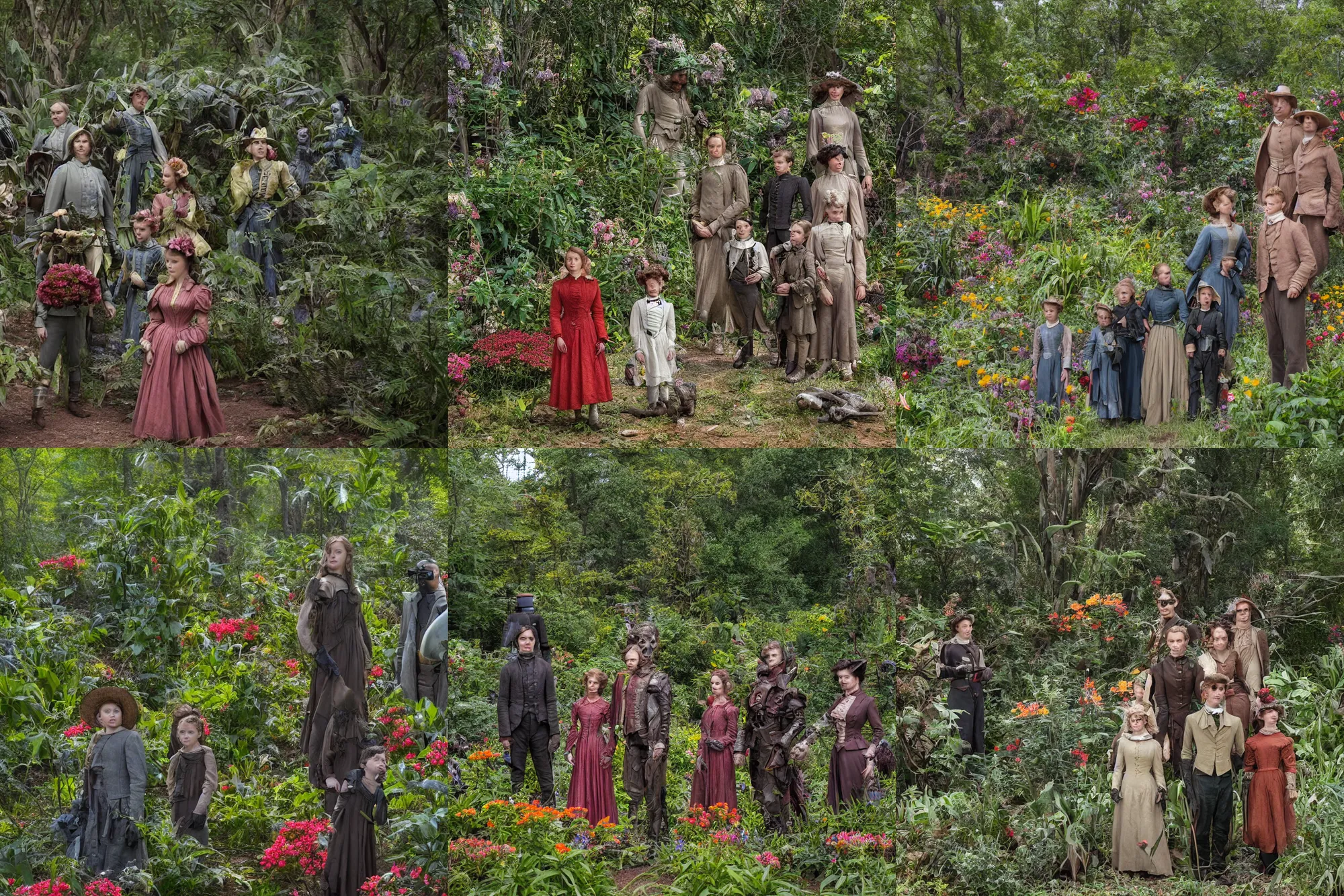 Prompt: sharp, highly detailed, 45456k film, 201800mm film still from a sci fi blockbuster color movie made in 2019, set in 1860, of a family standing in a park, next to some strange alien plants and flowers, on an alien planet, the family are all wearing 1860s era clothes, good lighting, ultra high definition, ultra enhanced faces, in focus, 35mm macro lens