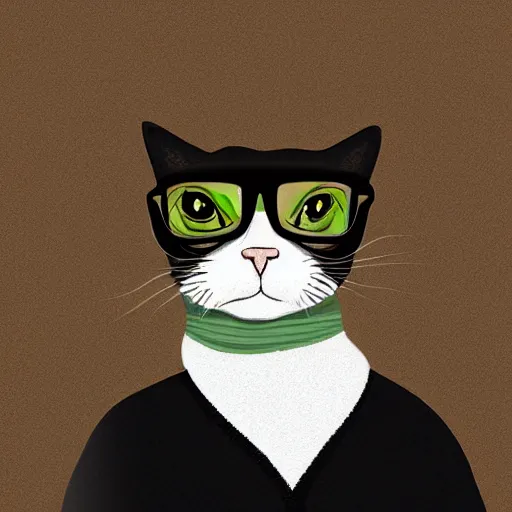 Prompt: intellectual cat, wearing turtleneck, looking smart, holding glass of wine, pompous expression, digital art