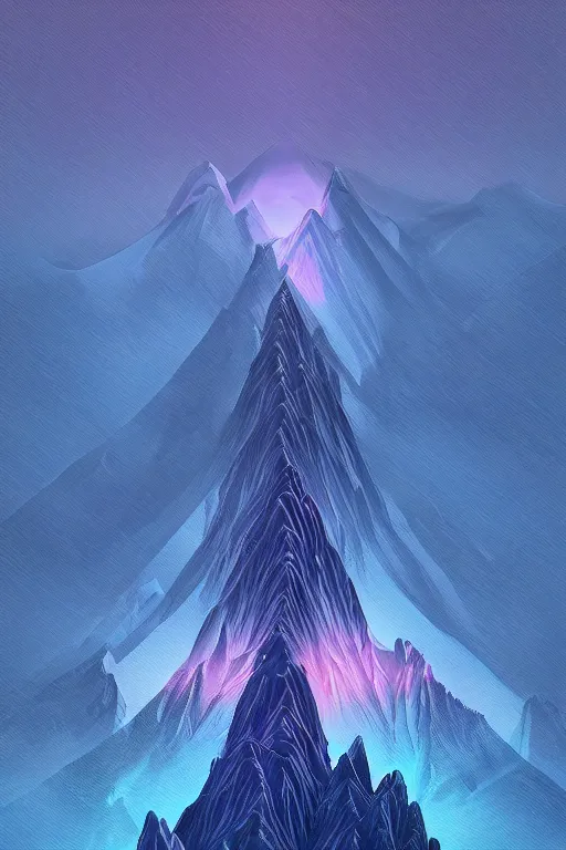 Image similar to digital matte fantasy dreamy mountain scape dark tones snow cyber glitch geometrieva futuristic moonlight, artstation, behance, 8 k by alex grey