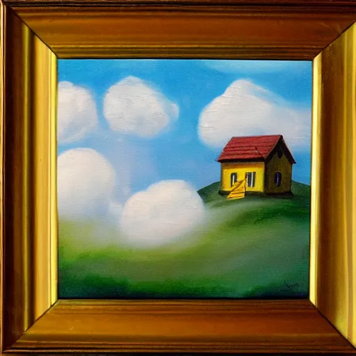 Image similar to a painting of a little house in the clouds