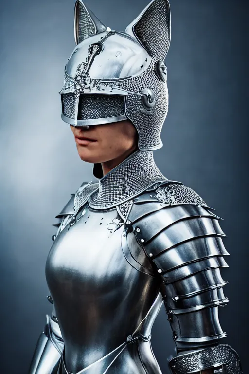 Image similar to female knight wearing a real cat on her head, armor designed by wayne barlowe, swarovski and tiffany, blonde hair, symmetry, sci - fi, cinematic, elegant, luxury, perfect light, perfect composition, dlsr photography, sharp focus, dark fantasy, 8 k, ultra hd, sense of awe, highly detailed, realistic, intricate