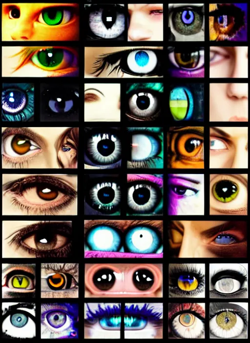 Image similar to grid montage of cube shaped eyes, square shaped black dilated pupils, cube shaped irises, detailed colored textures, eyelashes, advanced art, art styles mix, from wikipedia, wet reflections in square eyes, sunshine light, hd macro photograph, from side, various eyelid positions, square black pupil centered