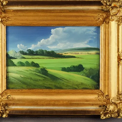 Image similar to A painting of a landscape, with rolling hills, green fields, and a blue sky, in a pastoral style.