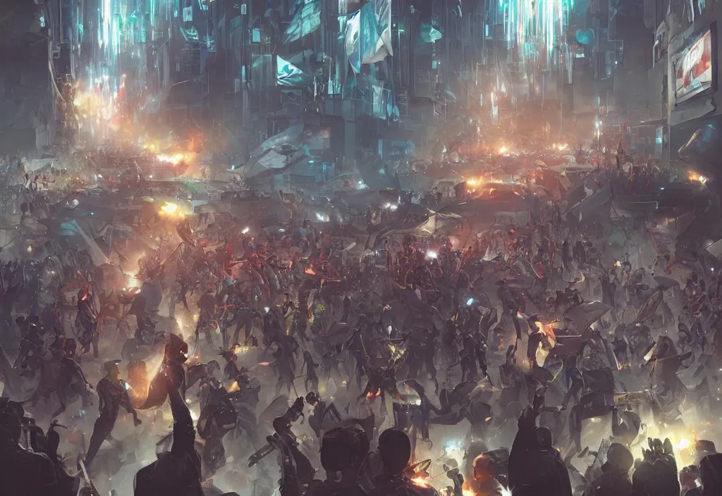 Image similar to angry protesters, detailed digital illustration by greg rutkowski, android netrunner