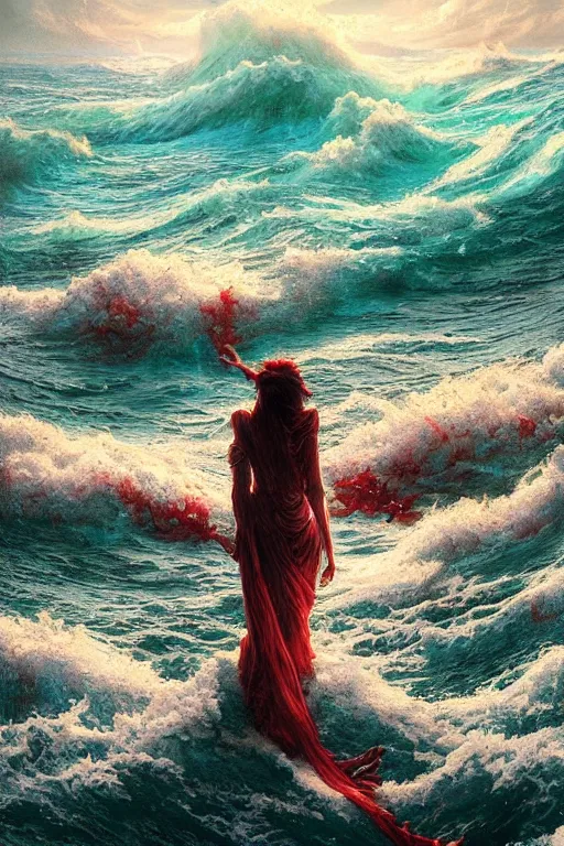 Image similar to Turbulent ocean of blood with canvas that catches liquid fire, intricate ruby, Stephen Bliss, Greg Rutkowski, Loish, Rhads, ferdinand knab, Makoto Shinkai rossdraws, concept art, art nouveau, Reylia Slaby, Peter Gric, Tom Bagshaw, global illumination, volumetric lighting, CGsociety, blood, radiant light, detailed and intricate environment