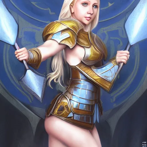 Prompt: fantasy RPG symmetrical portrait, centered shoulders up view, kagney linn karter as a young blonde woman, blonde hair, blue eyes, not wearing level 1 plate armour, pale skin, 4k, by wlop, artgerm, andrei riabovitchev, nuri iyem, james gurney, james jean, greg rutkowski, highly detailed, soft lighting 8k resolution