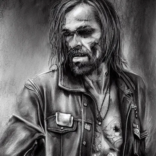 Prompt: portrait painting of an older tattooed biker with shaggy hair in a bar, sharp focus, ultra realistic, concept art, intricate details, eerie, highly detailed, photorealistic, dark, black and white, rpg art vampire the masquerade. art by josh timbrook