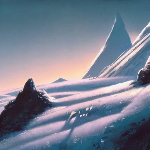 Image similar to Frozen frontiers on an alien planet, mountains above clouds in the background, Syd Mead, John Harris, Federico Pelat,