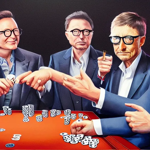 Image similar to UHD photorealistic Elon Musk playing poker with Satoshi Nakamoto, Klaus Schwab, and Bill Gates, trending on Artstation, hyperrealistic, correct details, symmetrical faces, accurate faces,