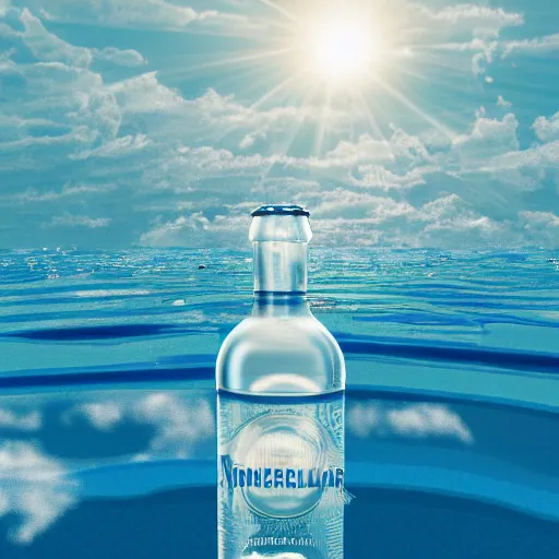 Prompt: bottle of mineral water standing on its edge on the water surface in the center of the frame, a blue sky with clouds from above, minimalistic and beautiful, award winning, Artstation, intricate details, realistic, Hyperdetailed, 8k resolution