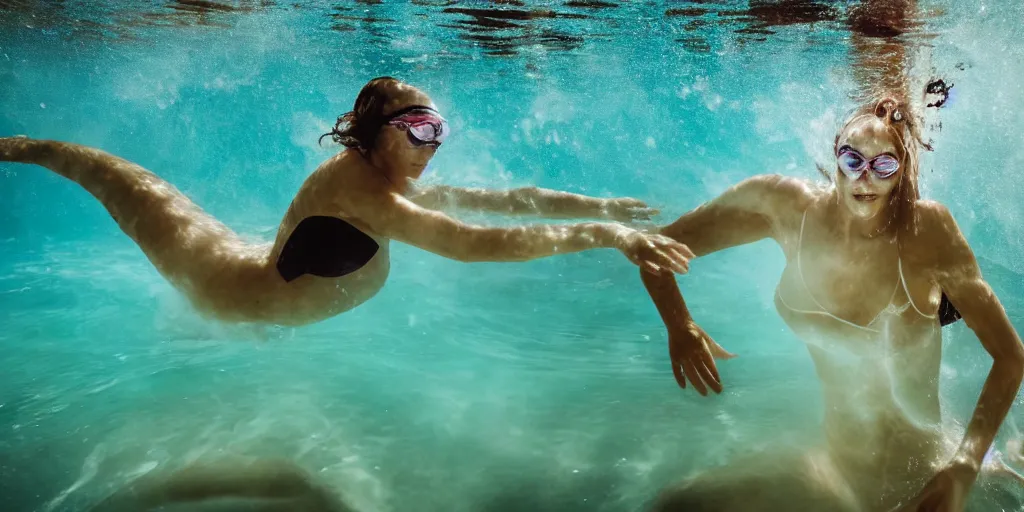 Image similar to woman swimming and breaking the surface of the water, underwater photography with light scattering and water refractions, smooth