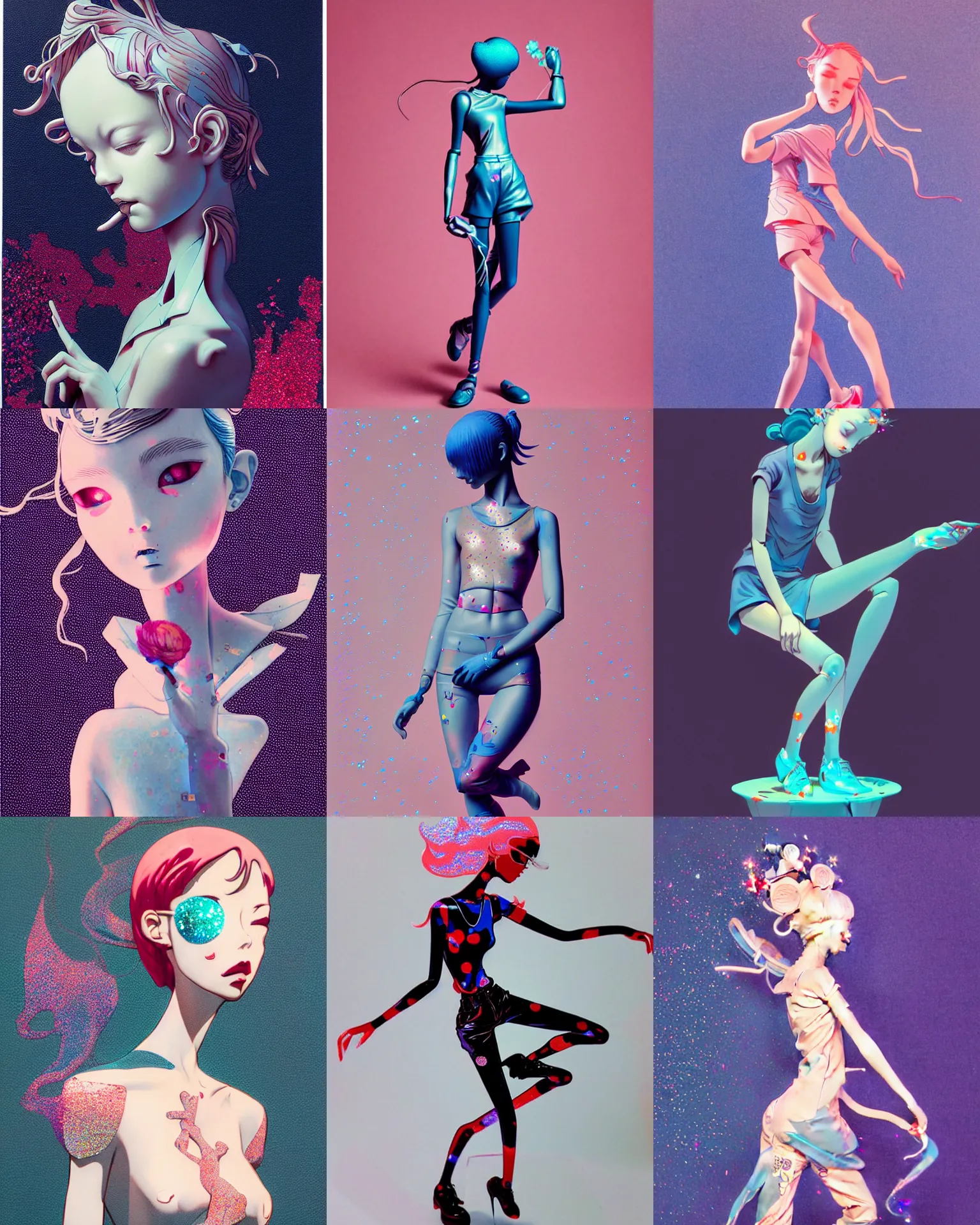 Prompt: james jean isolated vinyl figure cheerful tomboy, expert figure photography, dynamic pose, interesting color palette material effects, glitter accents on figure, anime stylized, accurate fictional proportions, high delicate defined details, holographic undertones, ethereal lighting, editorial awarded