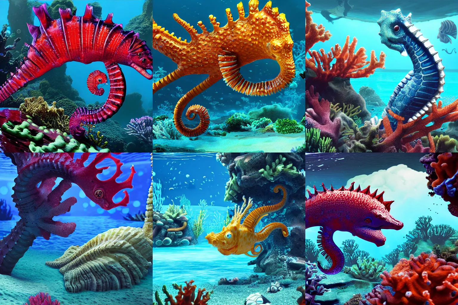 Prompt: seahorse leviathan living in a coral reef. style of subnautica. video game concept art. photorealistic. unreal engine. 4 k.