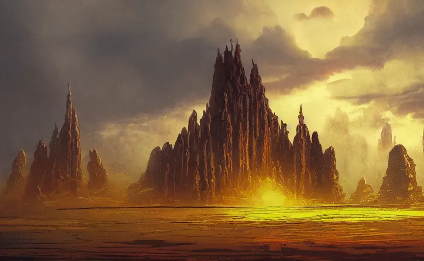 Prompt: by Moebius , landscape of mystic dark cult, monumental giant palace, lone scavenger near by, sun light through dark clouds, red+yellow colours, high quality details, one point perspective, denoise deep depth of field