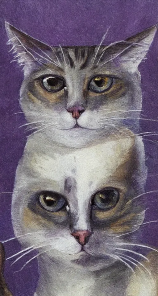 Prompt: bosch painting of a cat with purple eyes