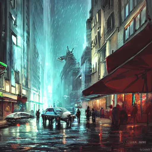 Prompt: Parisian cyberpunk street attacked by alien spaceship, very detailed, realistic, art by digital painting,