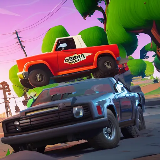 Image similar to fat john cena driving a car with really big tires, fortnite screenshot. 8k, 4k.