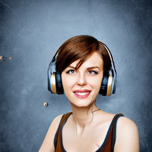 Prompt: realistic portrait of a woman with brown hair, jeans, headset, synthesizer, computer, steampunk, vivid colors