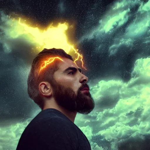 Image similar to A handsome Latino god floating with his arms up, his eyes glowing yellow, casually dressed, his head glowing blue ominously. Shot from below, photorealistic, ominous and apocalyptic dark sky.