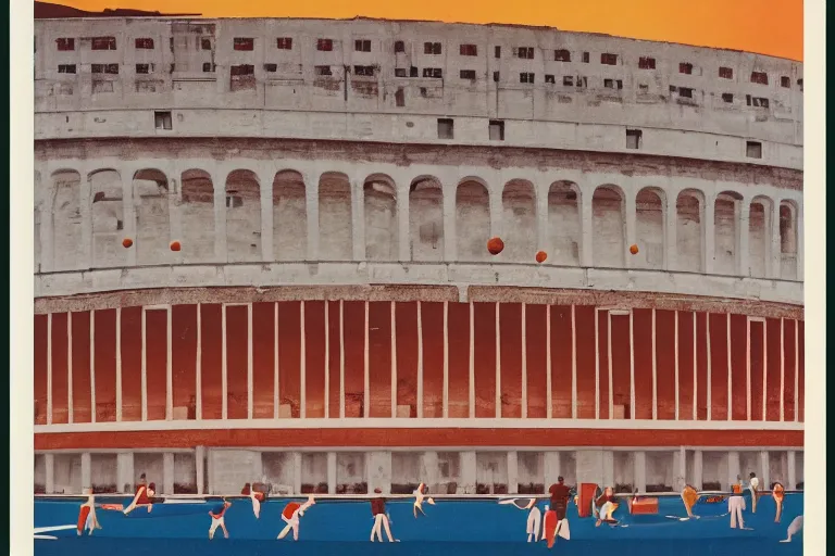 Prompt: art deco era poster for baseball in the Colosseum by Ed Ruscha.
