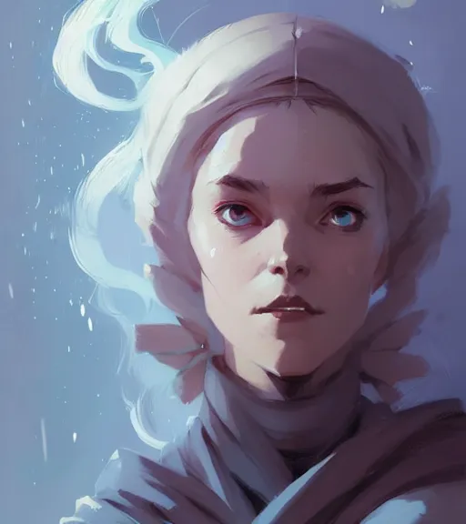 Image similar to portrait of a female mage, fantasy, by atey ghailan, by greg rutkowski, by greg tocchini, by james gilleard, by joe fenton, by kaethe butcher, dynamic lighting, gradient light blue, brown, blonde cream and white color scheme, grunge aesthetic