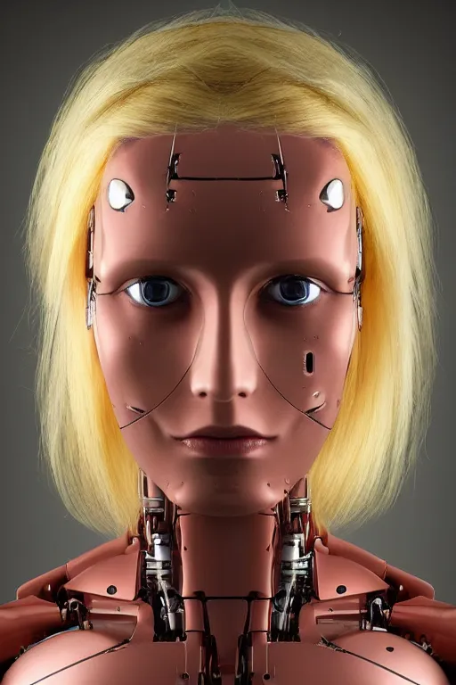 Image similar to robot with human face, female head, full body angle, woman human face, human face realistic, beautiful blonde hair, human head, human head with blonde hair, blonde hair human head, blonde hair, human realistic face, human head skin, cyborg frame concept, cyborg by ales-kotnik, sci-fi android female, the body is made of wires, robotic body, cyborg body, cyborg bust body, robot body cyborg, full body