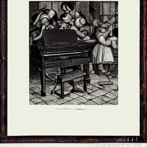 Image similar to old painting old piano, dot art, crosshatch, by pieter bruegel the elder