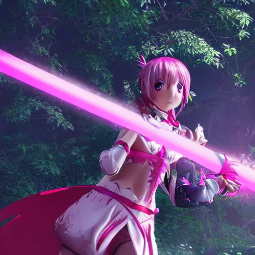 Prompt: a anime girl dressed in a pink knight armor fights a huge red dragon in the deep forest, smiling girl with a sword, highly detailed, intrusion fantasy, unreal engine