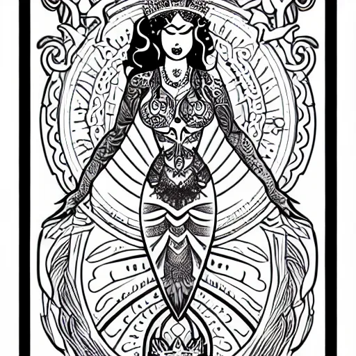 Prompt: a peaceful meditative mermaid with a banner across her chest wearing a crown, full body, symmetrical, highly detailed black and white new school pinup tattoo design