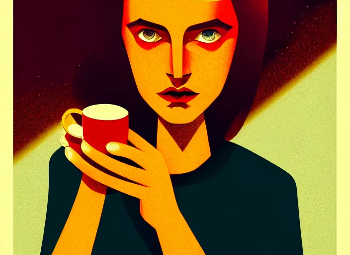 Prompt: portrait of a heroine drinking coffee, colorful,vivid, Mads Berg, Karolis Strautniekas,small finely stippled light, cinematic lighting,fine texutre, editorial illustration, detailed, moody, dynamic composition,perspective