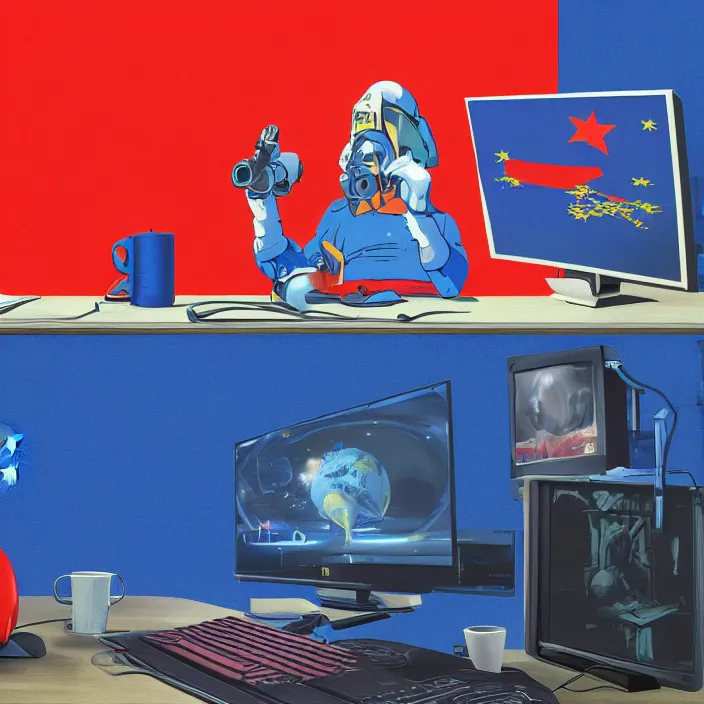 Prompt: european union eu hybrid influencer on blue shirt sitting on chair with eu flag on computer playing games on led keyboard and gaming mouse, ussr suit, communism, ussr armor, eu flag, european union flag, dark and gloom, extremely detailed oil painting, rhads, Bruce Pennington, Studio Ghibli, tim hildebrandt, cinematic, octane render, beautiful composition, trending on artstation, award-winning photograph, masterpiece