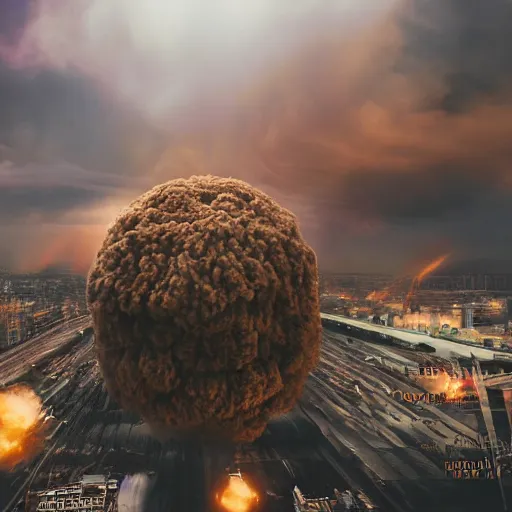 Image similar to centered action photography shot of extremely detailed hyper realistic thermonuclear bomb explosion in a city, professional film photography, 8 k, cinematic framing, cinematic lighting