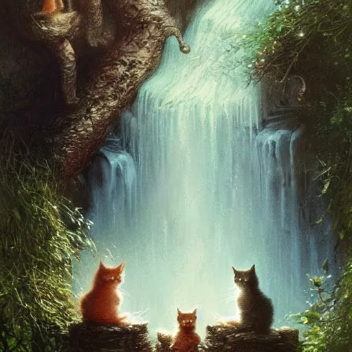 Image similar to two kittens watching the waterfall in the enchanted forest, fantasy, intricate, extremely detailed, face enhance, matte, artstation, art by greg rutkowski, louis wain, alan lee