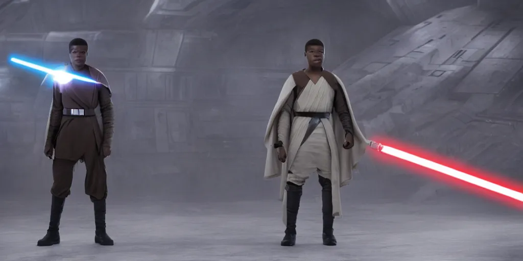 Image similar to Star Wars, Finn played by John Boyega wears jedi robes and wields lightsaber standing alone, full body shot, ultra realistic, 4K, movie still, UHD, sharp, detailed, cinematic, render