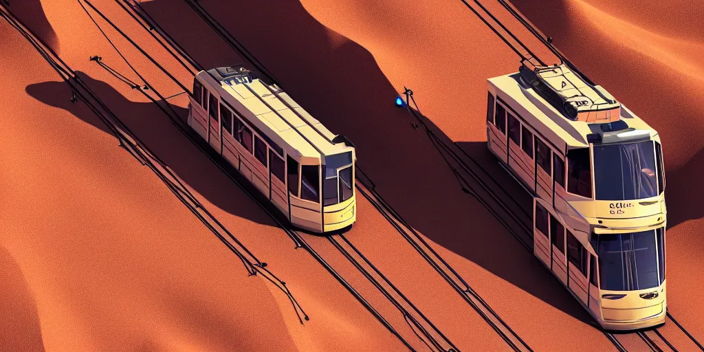 Image similar to tram in the desert ， worldcreator ， 4 k resolution, ultra wide angle, cinematic, octane render